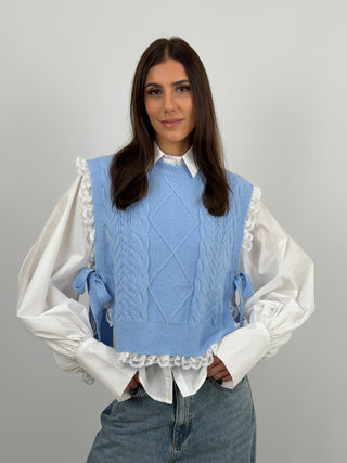 Gilet Lavorato Azzurro con Pizzo