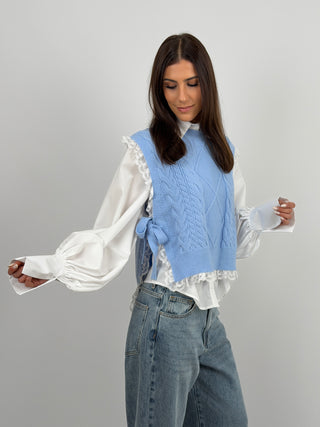 Gilet Lavorato Azzurro con Pizzo