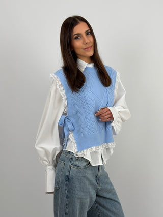 Gilet Lavorato Azzurro con Pizzo