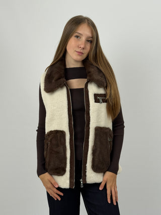 Gilet in Pile con Inserti in Pelliccia Bianco