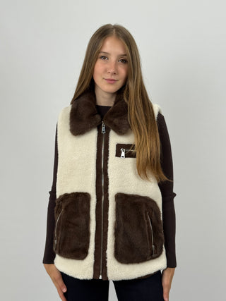 Gilet in Pile con Inserti in Pelliccia Bianco