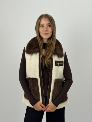 Gilet in Pile con Inserti in Pelliccia Bianco