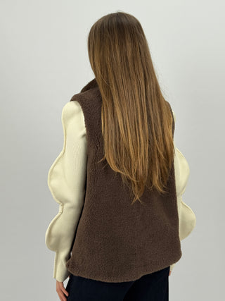 Gilet in Pile con Inserti in Pelliccia Marrone