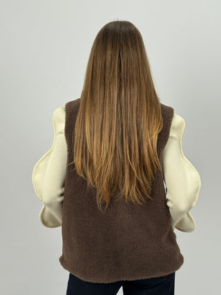Gilet in Pile con Inserti in Pelliccia Marrone