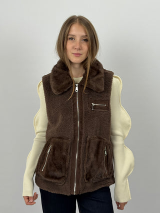 Gilet in Pile con Inserti in Pelliccia Marrone