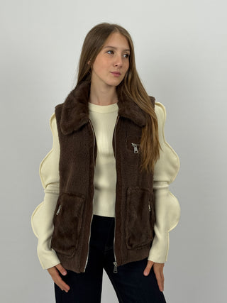 Gilet in Pile con Inserti in Pelliccia Marrone