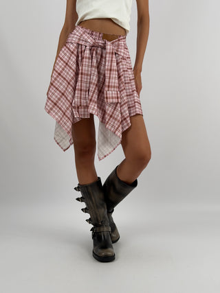 Gonna Check Rosa - Gonna corta rosa con motivo a quadri ed elastico in vita. | Paloma Store