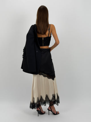 Gonna Lunga Crema in Satin con Pizzo Nero