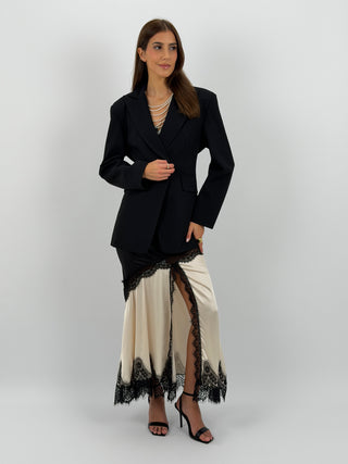 Gonna Lunga Crema in Satin con Pizzo Nero
