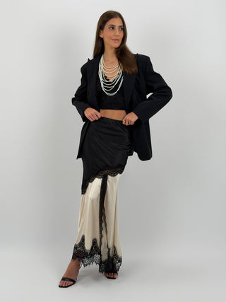 Gonna Lunga Crema in Satin con Pizzo Nero