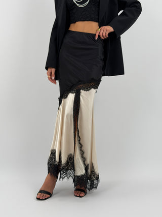Gonna Lunga Crema in Satin con Pizzo Nero