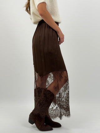 Gonna Lunga Marrone Satin con Pizzo