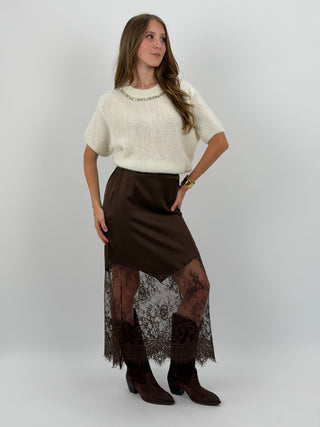 Gonna Lunga Marrone Satin con Pizzo