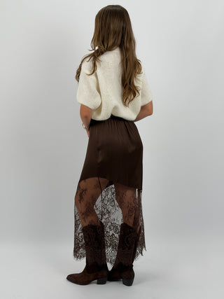 Gonna Lunga Marrone Satin con Pizzo