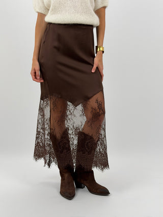 Gonna Lunga Marrone Satin con Pizzo