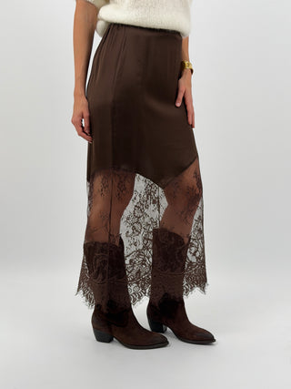 Gonna Lunga Marrone Satin con Pizzo