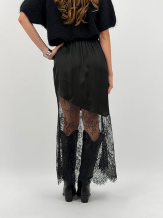 Gonna Lunga Nera Satin con Pizzo