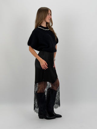 Gonna Lunga Nera Satin con Pizzo