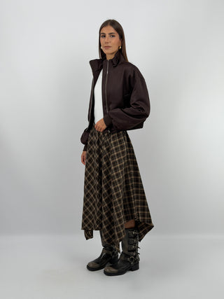 Gonna Lunga a Quadri Marrone - Gonna lunga marrone in fantasia a quadri con elastico in vita. | Paloma Store