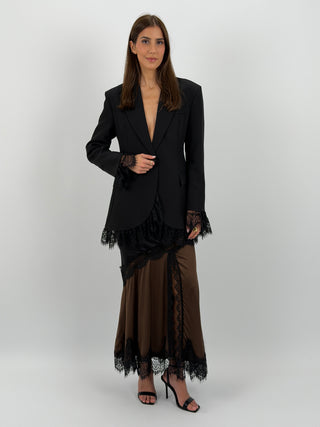 Gonna Lunga Marrone in Satin con Pizzo Nero