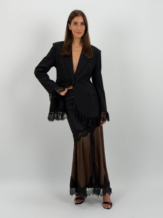 Gonna Lunga Marrone in Satin con Pizzo Nero