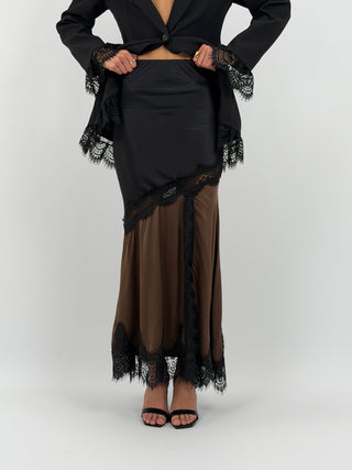 Gonna Lunga Marrone in Satin con Pizzo Nero