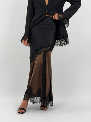 Gonna Lunga Marrone in Satin con Pizzo Nero
