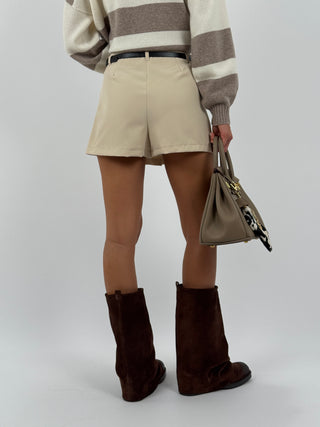 Skort a Pieghe con Cintura Crema