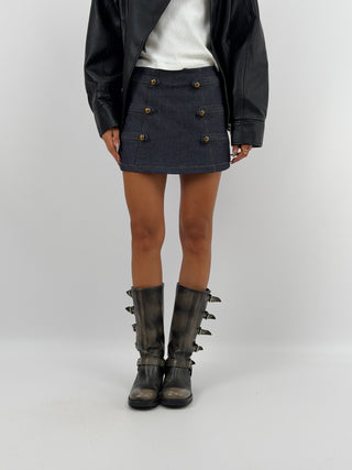 Gonna Napoleon in Denim Lumina - Gonna pantaloncino in denim lavaggio zero, con bottoni frontali. Chiusura con zip sul retro. | Paloma Store