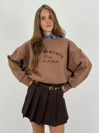 Skort a Pieghe con Cintura Marrone