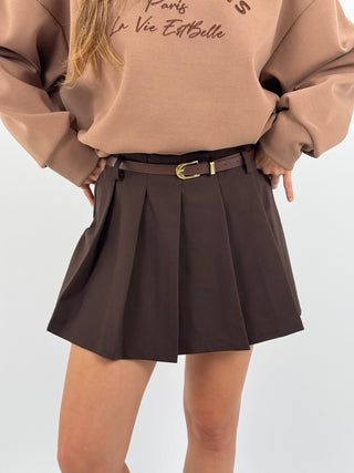 Skort a Pieghe con Cintura Marrone