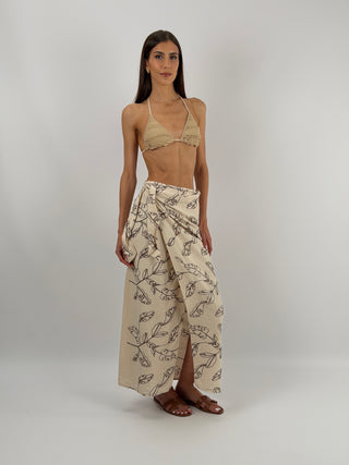 Gonna Pareo Beige con Ricami con allacciatura interna ed esterna per chiusura a portafoglio | Paloma Store