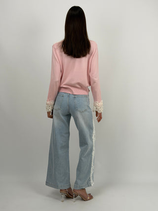 Jeans Wide Leg con Ricami in Pizzo
