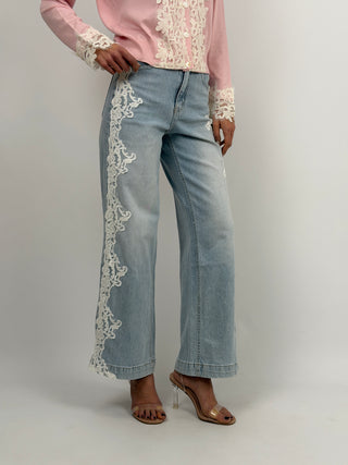 Jeans Wide Leg con Ricami in Pizzo