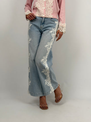 Jeans Wide Leg con Ricami in Pizzo
