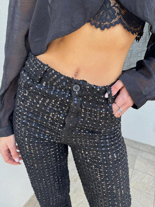 Jeans Nero Paillettes Wide Leg Crystal