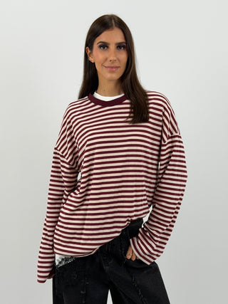 Maglia in Cotone a Righe Bordeaux e Bianche