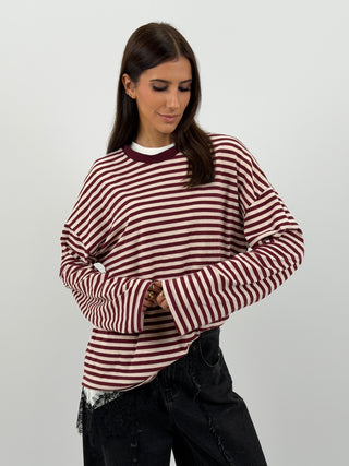 Maglia in Cotone a Righe Bordeaux e Bianche