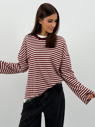 Maglia in Cotone a Righe Bordeaux e Bianche