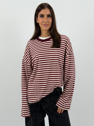 Maglia in Cotone a Righe Bordeaux e Bianche
