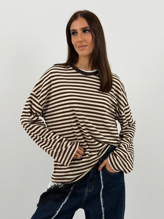 Maglia in Cotone a Righe Marroni e Bianche