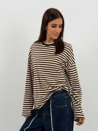 Maglia in Cotone a Righe Marroni e Bianche