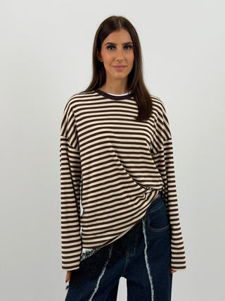 Maglia in Cotone a Righe Marroni e Bianche