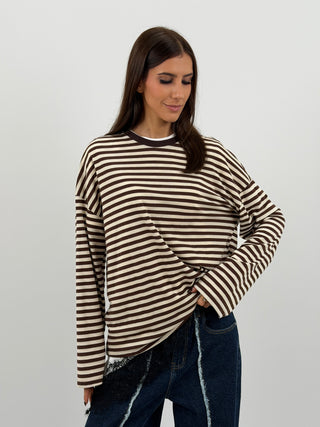 Maglia in Cotone a Righe Marroni e Bianche