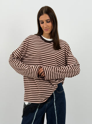 Maglia in Cotone a Righe Marroni e Rosa