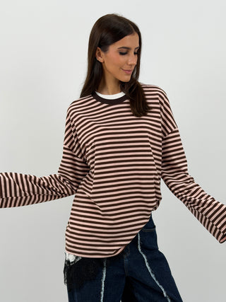 Maglia in Cotone a Righe Marroni e Rosa