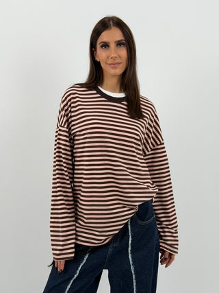 Maglia in Cotone a Righe Marroni e Rosa