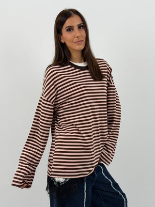 Maglia in Cotone a Righe Marroni e Rosa