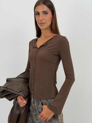 Maglia a Costine con Bottoni Marrone