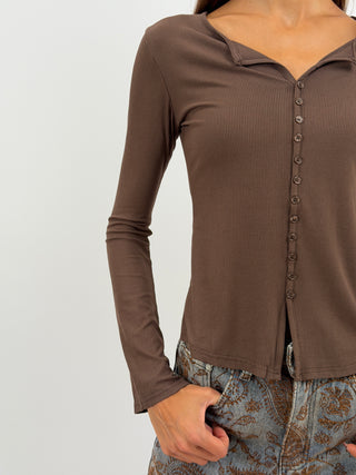 Maglia a Costine con Bottoni Marrone